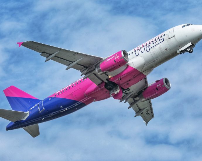 a pink and blue jet airliner flying in the sky