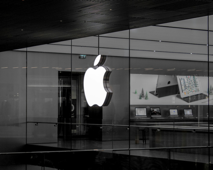 grayscale photo of Apple emblem