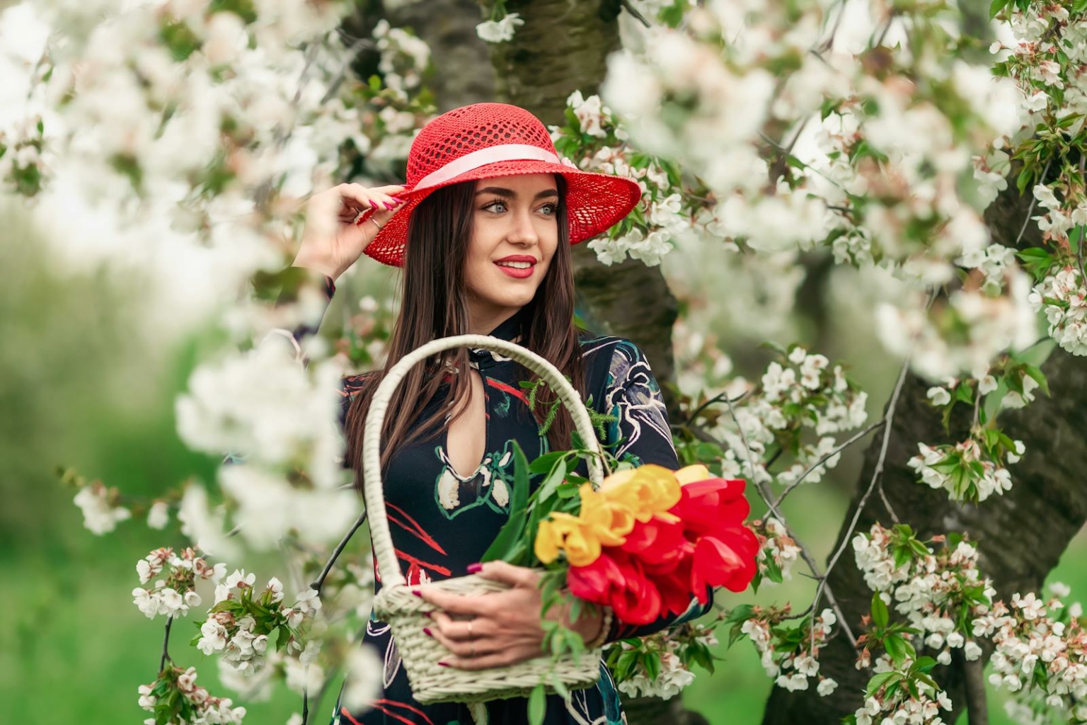 Woman Posing in Cherry Flowers