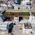 Aerial View of the Banks of the Vardar River with Archaeological Museum of Macedonia and Colonnade of Independent