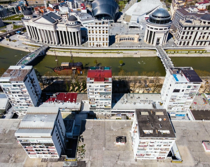 Aerial View of the Banks of the Vardar River with Archaeological Museum of Macedonia and Colonnade of Independent
