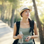 a woman in a hat is holding a water bottle