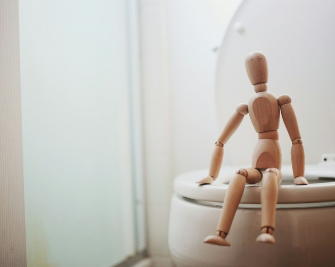 brown wooden doll on white ceramic toilet bowl