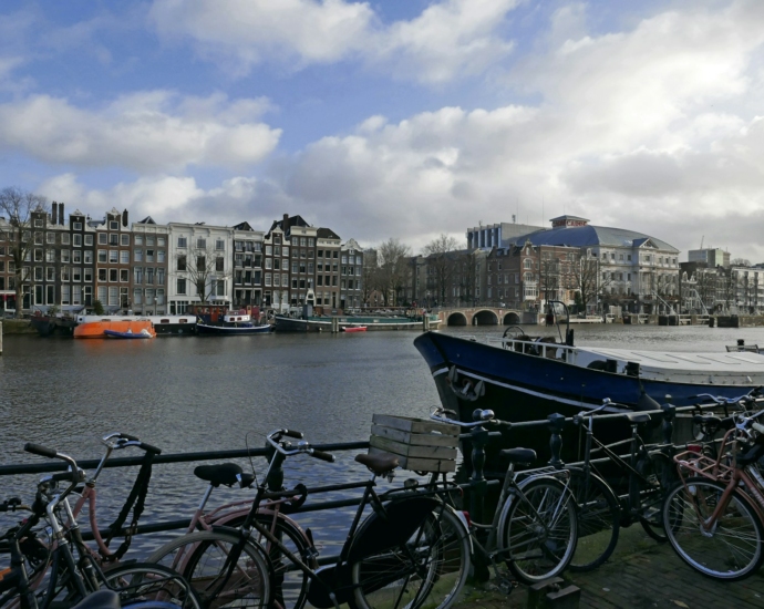 a row of bikes parked next to a body of water