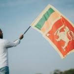 a man holding a flag with a lion on it