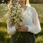 Smiling woman holding a bouquet of wildflowers in a sunlit meadow.