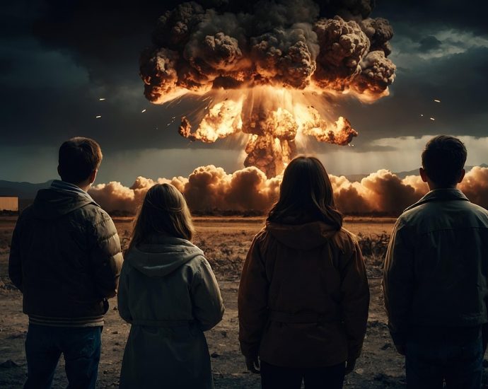 ai generated, nuclear bomb, people, helpless, helplessness, apathy, nuclear weapons, explosion, mushroom cloud, nuclear powers, fear, war, destruction, threat, radioactive, radioactivity