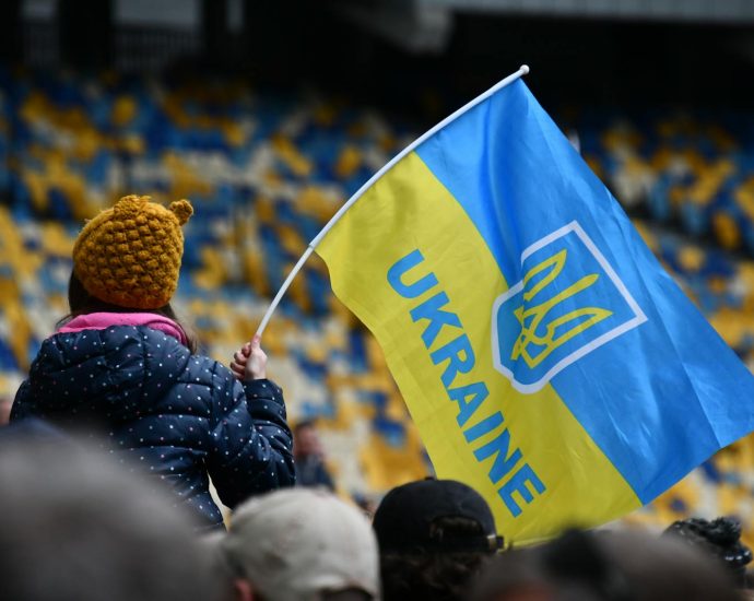 A child waving the Ukrainian flag in a stadium in Kiev, showcasing patriotism and unity.