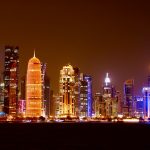 a city skyline at night