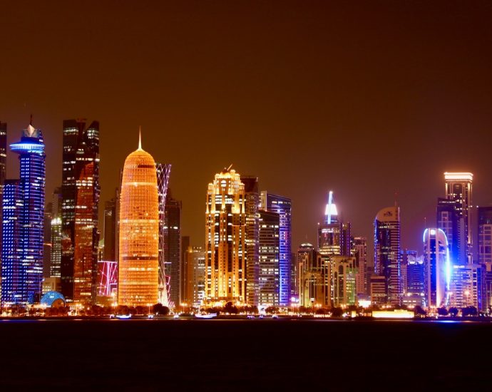 a city skyline at night