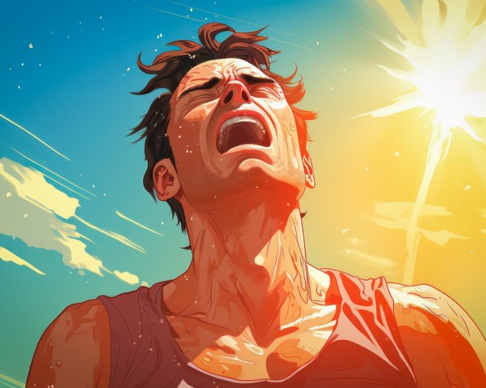 ai generated, man, drenched, sweat, heat, heatwave, climate change, summer, nature, portrait