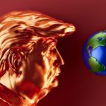 A golden trump looks at planet earth.