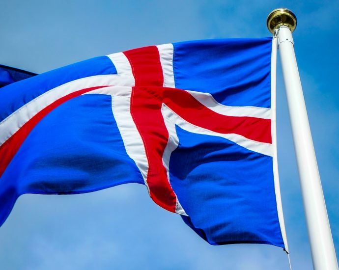 a blue and red flag flying in the wind