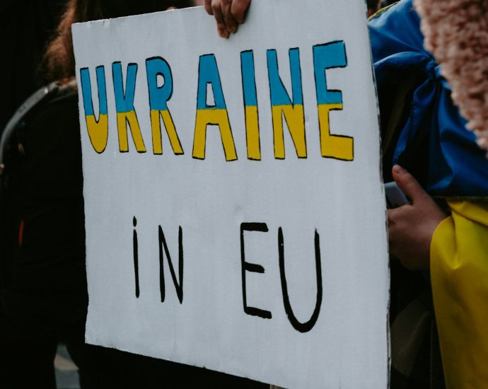 a person holding a sign that says ukraine in eu