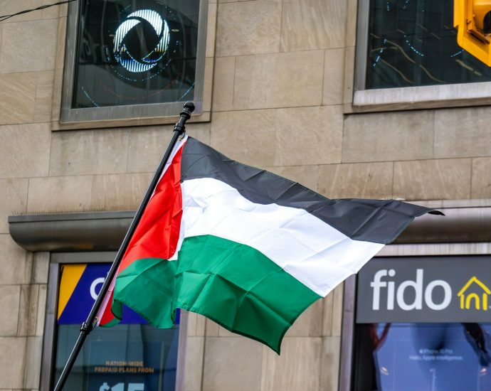 A flag flying in front of a building