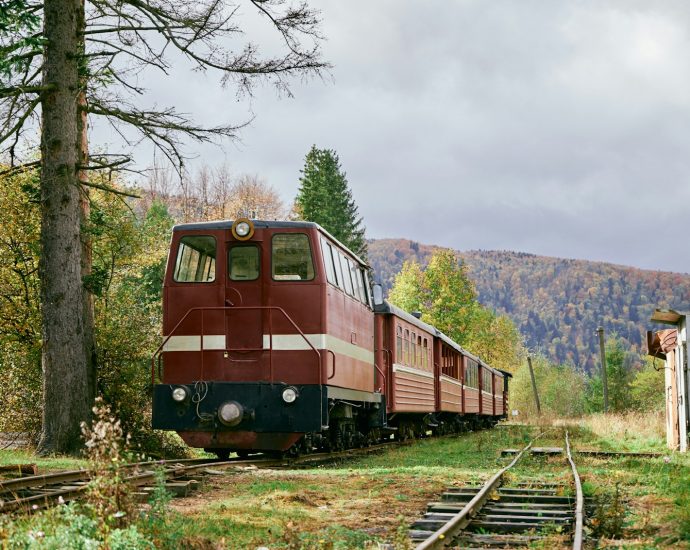 a red train traveling down train tracks next to a forest