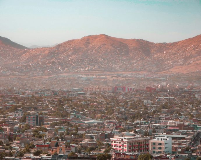 a view of a city with mountains in the background