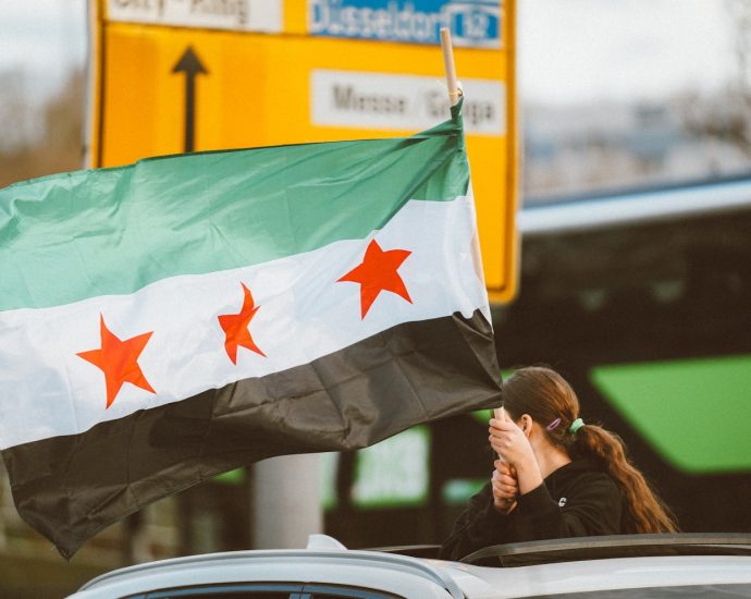 A woman holding a flag on top of a car