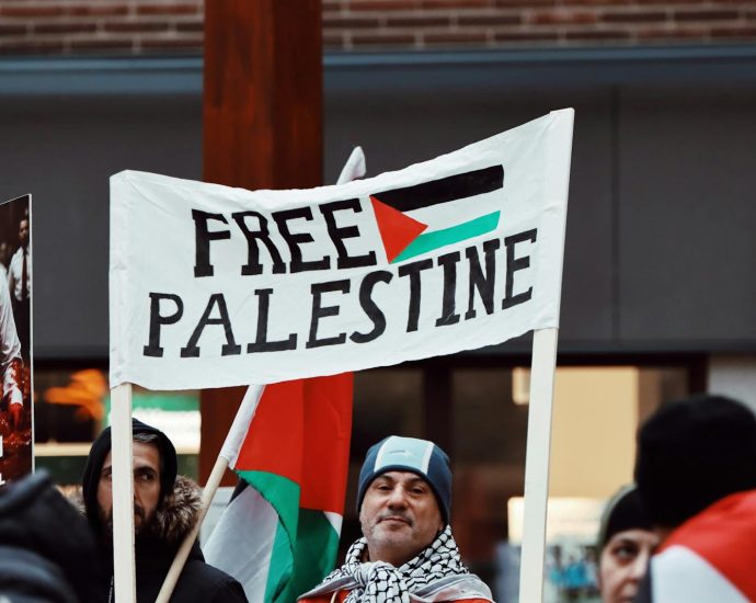 Protesters in Jönköping advocate for Free Palestine with visible signs.