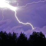 A powerful lightning bolt illuminates the night sky over silhouetted trees, showcasing nature's raw power.