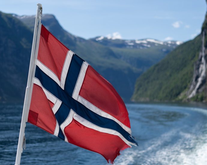 A flag flying from a boat in a body of water