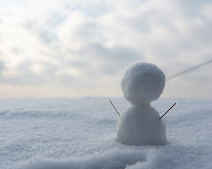 a snowman is standing in the middle of the snow