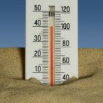 A thermometer in the sand with a blue sky in the background