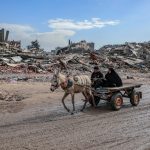 Donkey cart travels through a war-torn landscape.