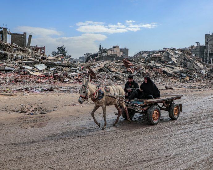 Donkey cart travels through a war-torn landscape.