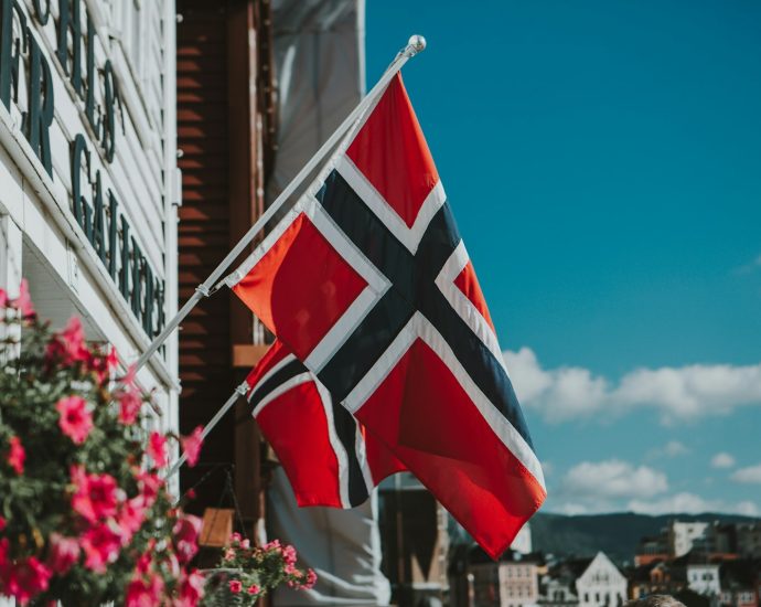 a flag is flying in front of a building