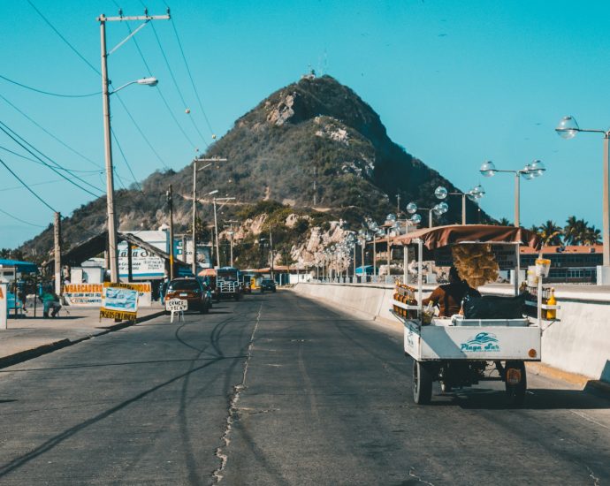 white auto rickshaw on riding on asphalt road towards green mountain