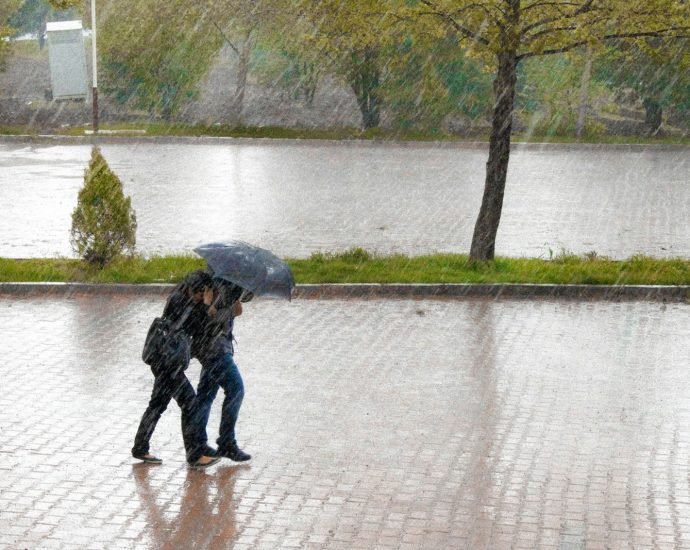 coupe walking in street while raining