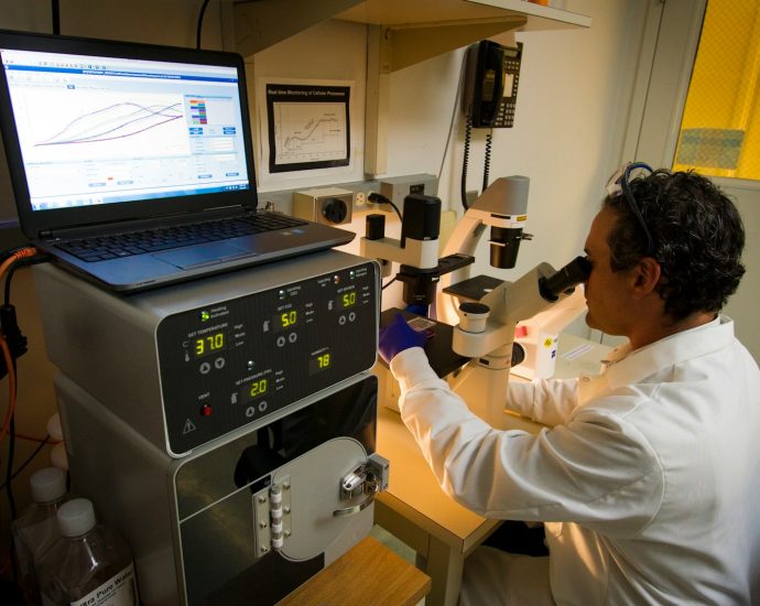 man looking at microscope