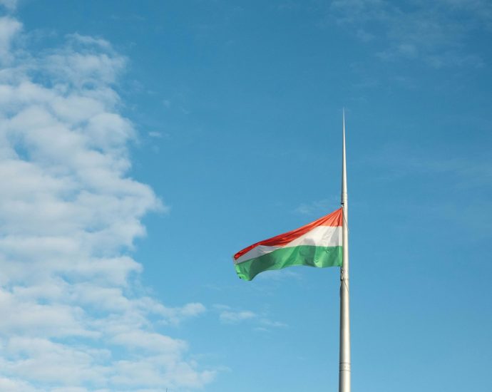 a flag is flying high in the sky