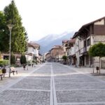 a cobblestone street lined with benches and trees