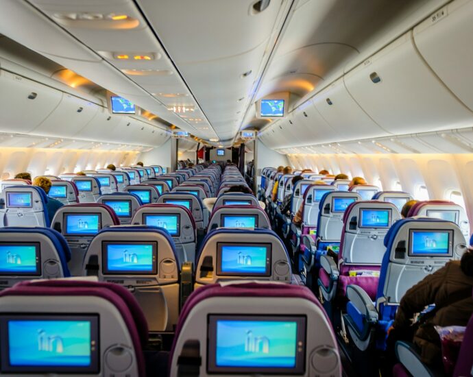 blue and white airplane seats