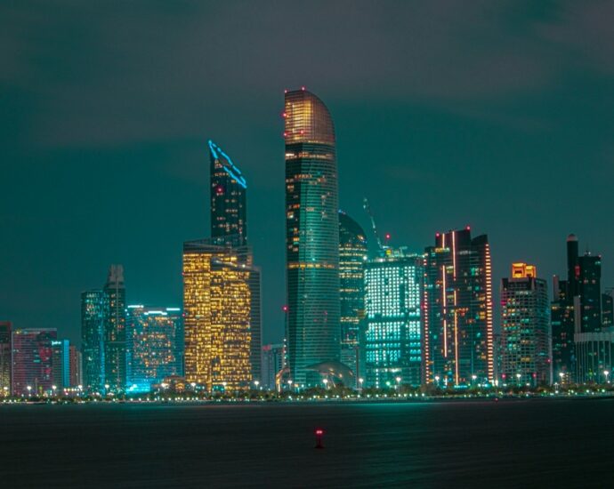 city skyline during night time