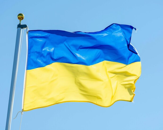 a blue and yellow flag flying in the wind