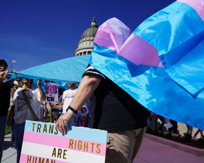 People holding transgender flag and sign at rally.