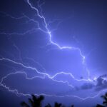 a lightning storm is seen over palm trees