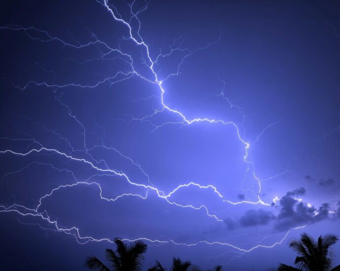 a lightning storm is seen over palm trees
