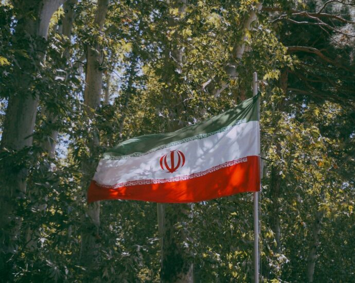 Iranian flag waving amidst green trees