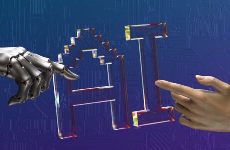 robot and human hands reaching toward ai text