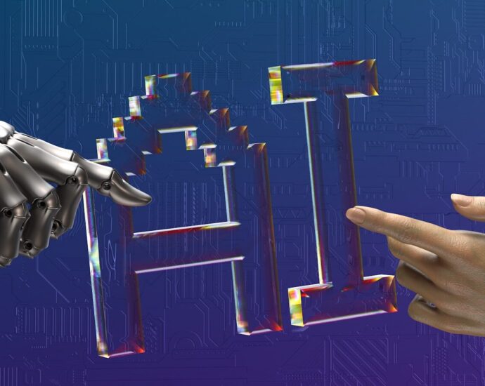 robot and human hands reaching toward ai text