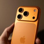 Orange smartphone with triple camera system held.
