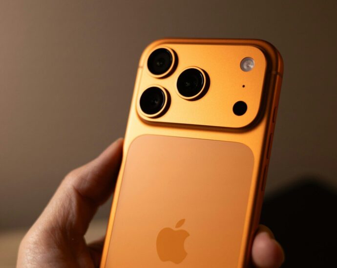 Orange smartphone with triple camera system held.