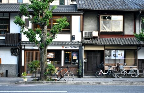 A coffee shop with a ginkgo tree and bicycles on a Japanese street