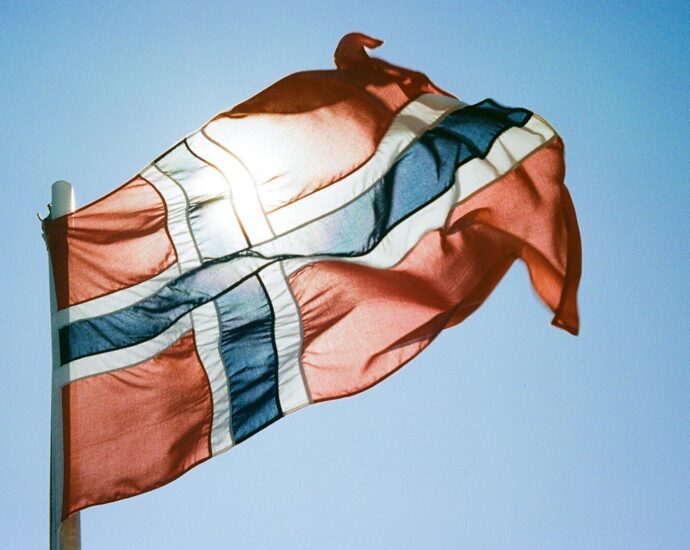 a flag flying in the wind with a blue sky in the background