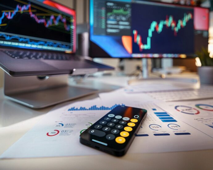 smartphone calculator on desk with financial charts behind
